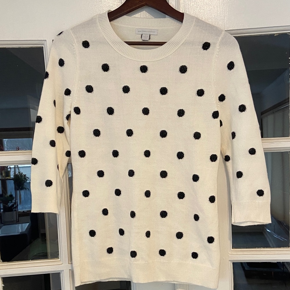 New York & Company Cream and Black Polka Dot Sweater